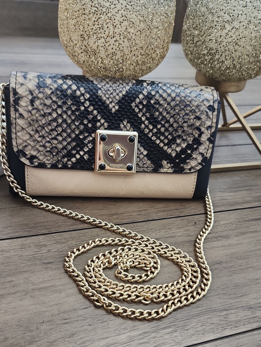 Coach Snake-Print Cream Crossbody Bag with Gold Chain